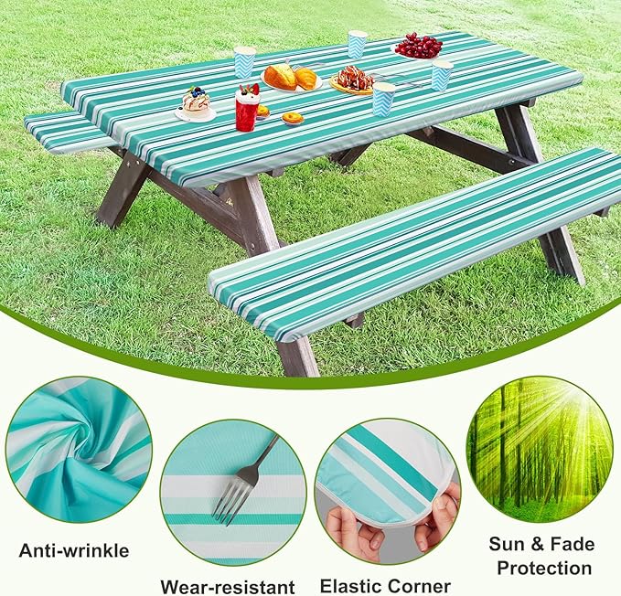 ICOSY Picnic Table Cover with Bench Covers 30 x 72 inch, Windproof Camping Essentials Table Cloths Fitted Rectangle Tablecloth for 6 Foot Tables, Camping Gifts Accessories for RV Campers
