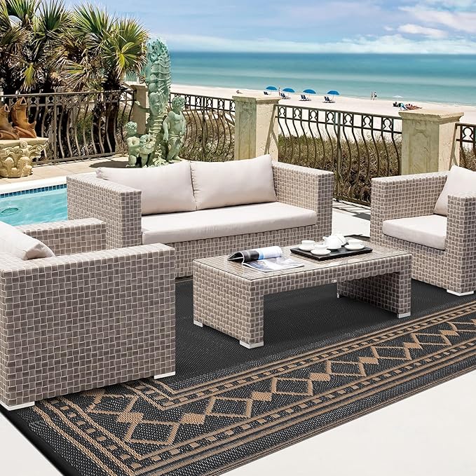 Garvee Outdoor Rug 8x10, Patio Rug Waterproof Plastic Straw Waterproof Reversible Patio Mat, Plastic Straw Rug for RV, Camping, Deck, Balcony, Easy Clean & Portable,Dark Brown