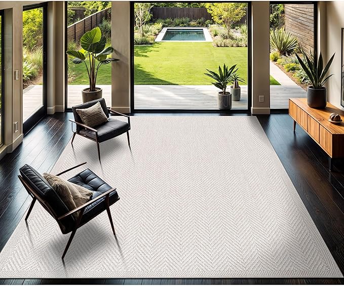 CAMILSON Easy Jute Rug 4x6, Indoor Outdoor Off-White Color Fiber Area Rugs for Living Room Patio and Kitchen Rug Herringbone Seagrass Woven Design Easy-Cleaning Washable Outside Carpet Alfombras 4 x 6