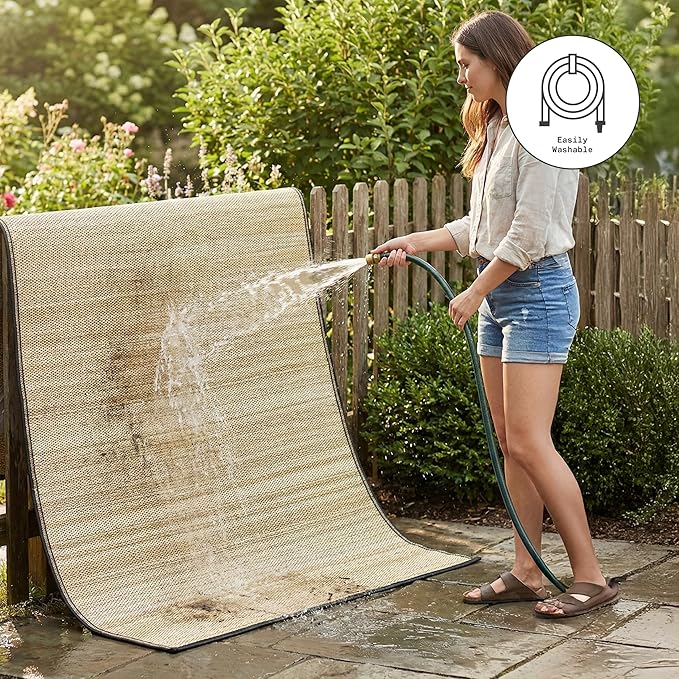 Fab Habitat Outdoor Rug - Waterproof, Fade Resistant, Crease-Free - Premium Recycled Plastic - Striped - Porch, Deck, Balcony, Mudroom, Laundry Room, Patio - Cancun Shadow - Sand & Black - 3 x 5 ft