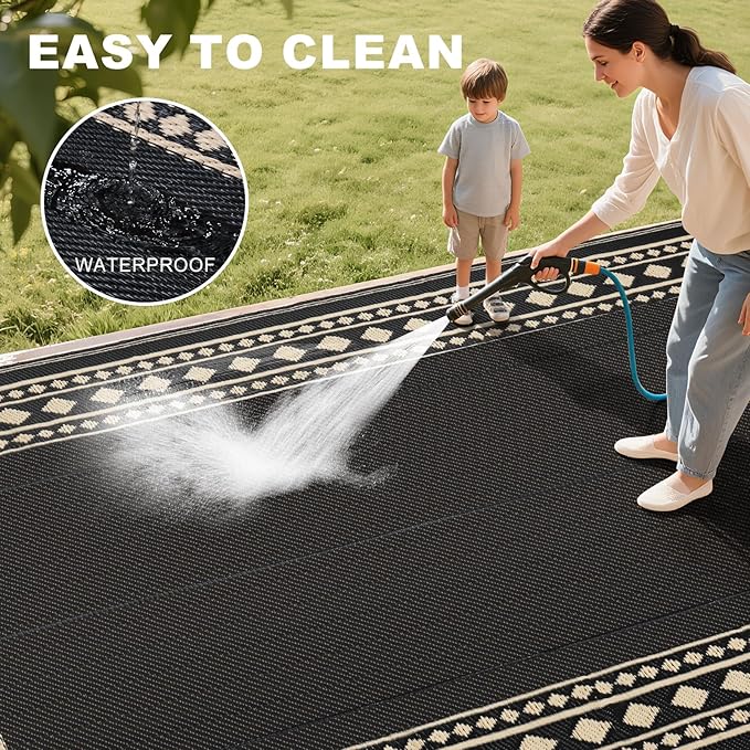 RURALITY Outdoor Rugs 6x9 Waterproof for Patios Clearance,Plastic Straw Mats for Backyard,Porch,Deck,Balcony,Black and Beige