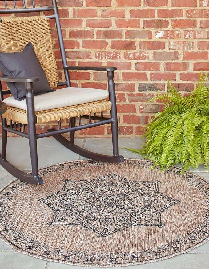 Unique Loom Outdoor Traditional Collection Area Rug - Antique (6' 1" Round Beige/Black)