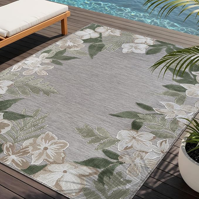 Outdoor Rug 9x12 Washable Area Rugs Indoor Outdoor Carpets Green Border Floral Non Shedding Waterproof Easy Clean Patio Deck Porch Living Room Bedroom Garden RV (9 X 12 Green)