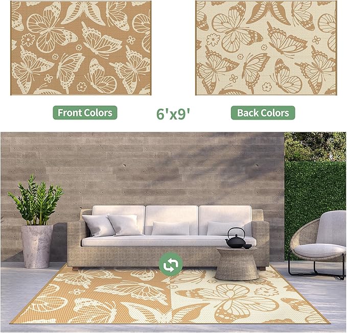 GENIMO Outdoor Rug 6' x 9' Waterproof for Patio Clearance, Reversible Plastic Straw Camping Carpet, Lightweight Mats for Rv, Camper, Deck, Porch, Picnic, Beach, Balcony, G.Brown & Beige