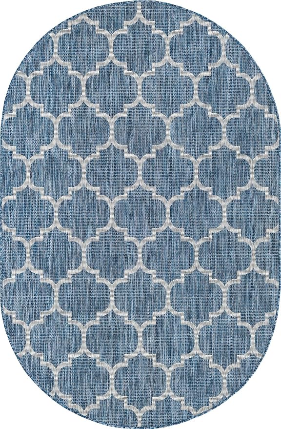Unique Loom Trellis Collection Area Rug-Lattice Design, Moroccan Inspired for Indoor/Outdoor Décor, 5' 0" x 8' 0" Oval, Navy Blue/Gray