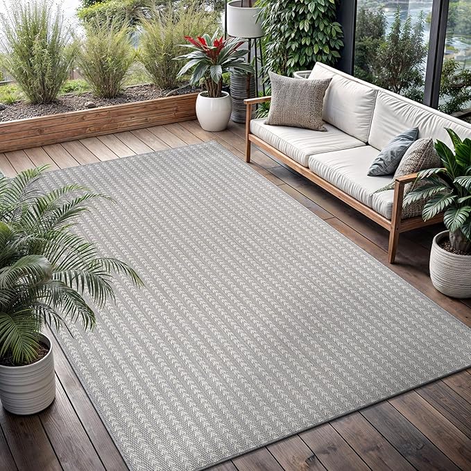 Washable Outdoor Rug 5x7 Modern Area Rugs Outdoor Carpets Striped Pattern Non Shedding Waterproof Easy Clean Patio Deck Porch Living Room Bedroom Garden RV (5 X 7 Gray)
