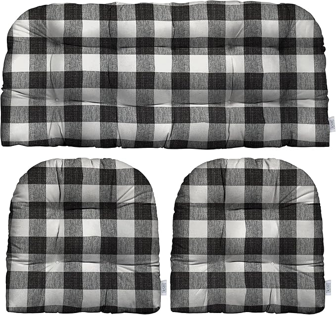 RSH DECOR: 3-Piece Wicker Tufted Cushion Set | for Large Wicker Sets | Outdoor Loveseat & U-Shaped Seat Cushions | Water & Fade-Resistant Spun Fabric | Black Buffalo Plaid