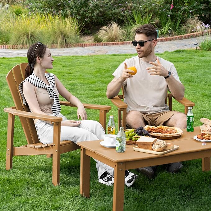 nevilywood Compact Stackable Adirondack Chairs, 26.3" Wide HDPE Outdoor Patio Chairs - Durable, Space-Saving Design for Porch, Lawn or Garden, Teak