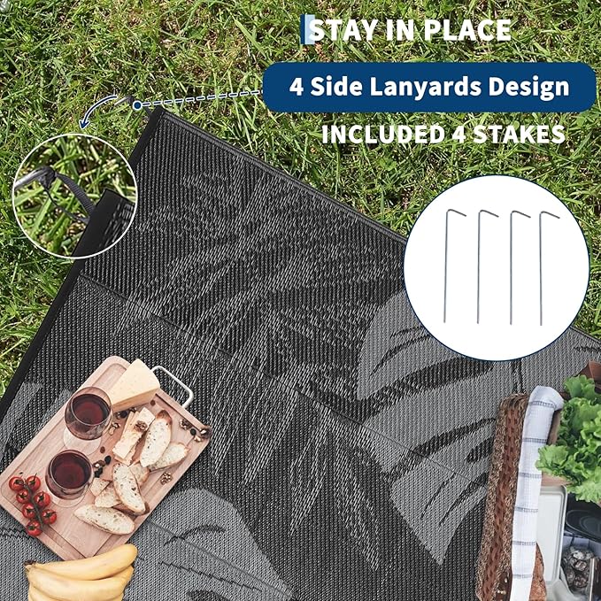 COZYLOOM Outdoor Patio Rug 8x10 Waterproof Plastic Straw Rug Reversible UV Resistant Camping Mat, Foldable Lightweight RV Picnic Mat with Portable Bag, Modern Outdoor Carpet for Yard, Black&Grey
