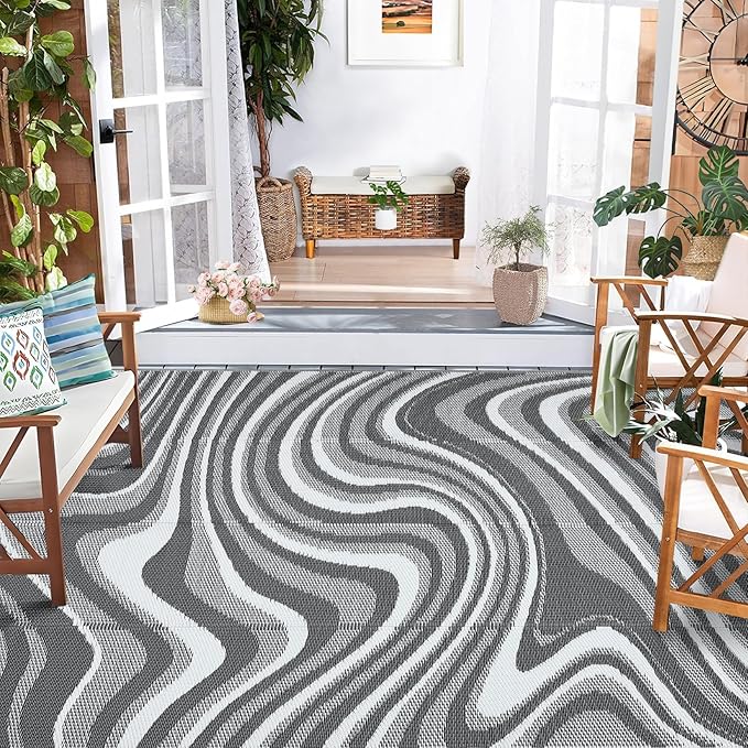 Outdoor Rug 6x9 Waterproof Patio Rugs Modern Abstarct Reversible Mat for Front Door Rv Foldable Plastic Straw Carpet for Travel Trailers, Deck, Porch, Camper, Balcony, Beach，Black/Grey