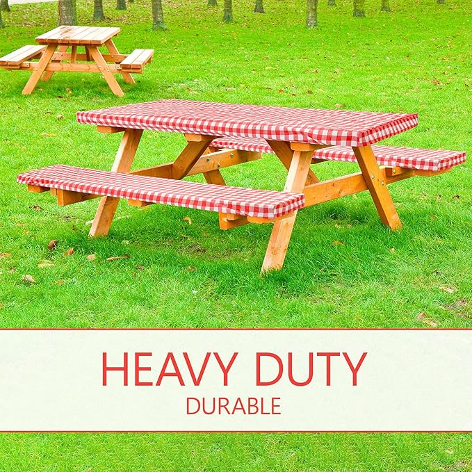 LINPRO 6ft Picnic Table Cover with Bench Covers Vinyl Fitted Picnic Table Covers with Elastic Camping Essentials and picnic tablecloth and RV Accessories with bag