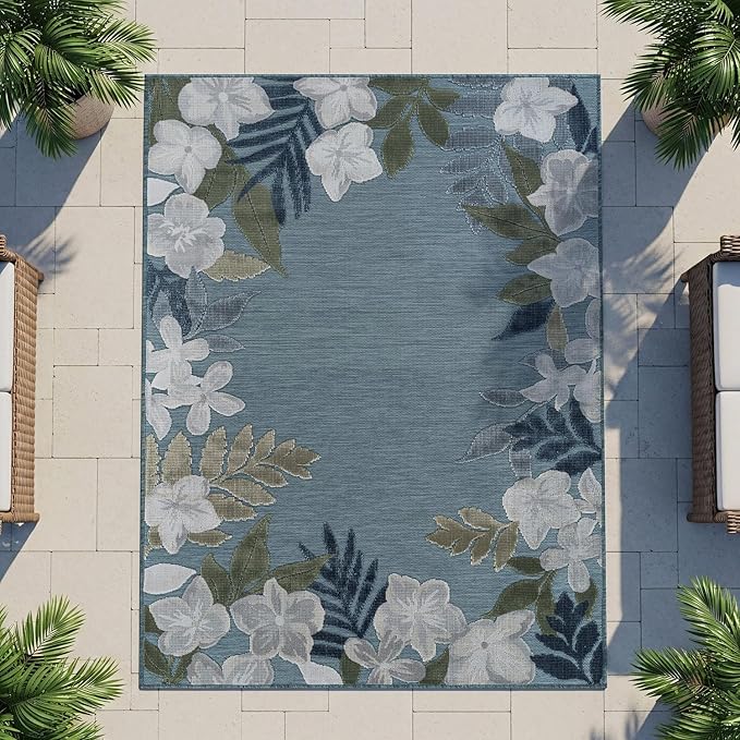 Outdoor Rug 8x10 Washable Area Rugs Indoor Outdoor Carpets Aqua Border Floral Non Shedding Waterproof Easy Clean Patio Deck Porch Living Room Bedroom Garden RV (8 X 10 Aqua)