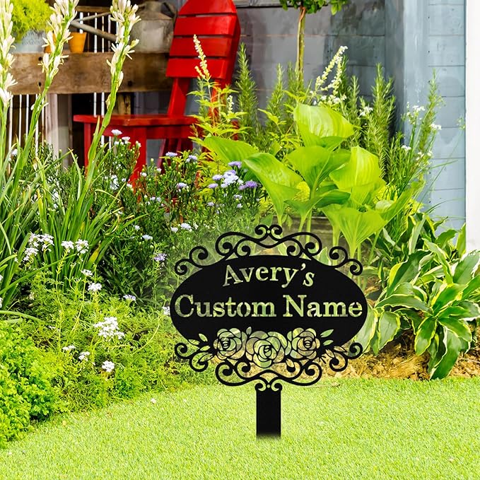 Custom Metal Garden Sign with Stake, Personalized Garden Signs for Outside, Customized Garden Name Signs for Yard Lawn Outdoor Decor Gardening Gifts for Moms Grandmas Gardeners