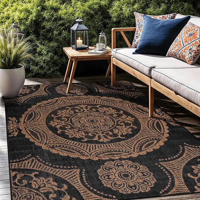 Medallion Outdoor Rug 10x14 Washable Outside Carpet for Indoor Patio Porch Waterproof Easy Cleaning Non Shedding Area Rugs Nut Brown 10 x 14