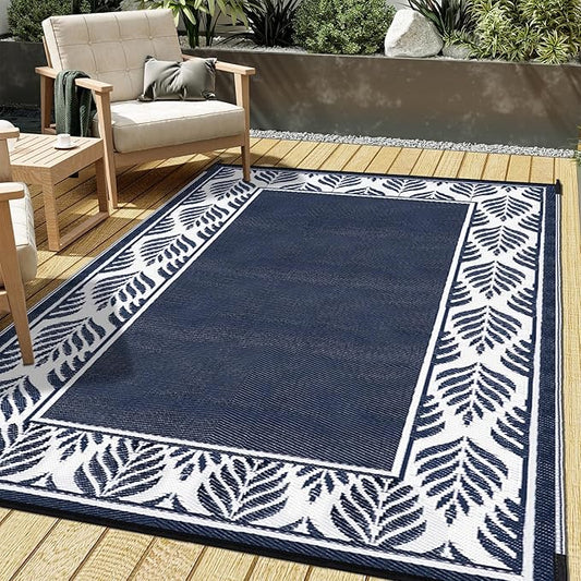 HUGEAR Outdoor Plastic Straw Rug, Waterproof Mat, Washable Large Floor Mat and Rug for Outdoors, RV, Beach, Patio, Camping, Backyard, Deck, Picnic, Outside (6x9ft,Olive-Leaf/Dark Blue&White)