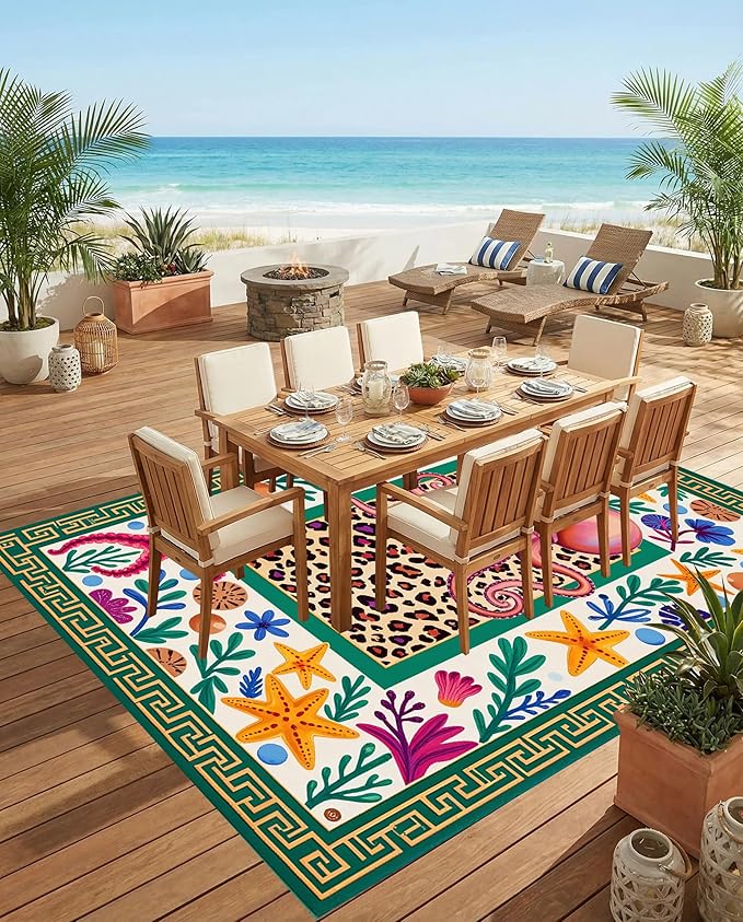8x10 Octopus Leopard Print Ocean Outdoor Rug for Patio Deck Garden Poolside Porch Balcony Double Layer 3D Border Carpet Unique Waterproof Backyard Lawn RV Camping Outside Rugs Turquoise Pink