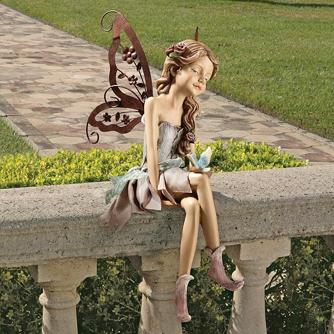 Design Toscano Fannie the Garden Fairy Indoor/Outdoor Shelf Sitting Statue, 12 Inch Tall, Cast Stone Resin, Full Color Finish