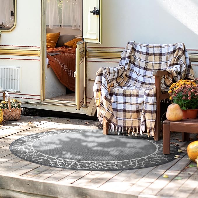 Nuuu Garden Round Outdoor Rug Reversible Patio Rug, 5'x5' Outdoor Plastic Straw Rug, Round Indoor Outdoor Rugs for Garden, Balcony, Picnic, RV, Gray & Light Beige