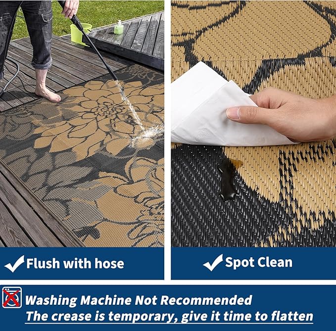 COZYLOOM Outdoor Patio Rug 9x12 Waterproof Outdoor Plastic Straw Rug, UV Resistant Reversible RV Camping Mat with Portable Bag & 4 Stakes, Modern Flower Carpet for Balcony Deck Yard, Black&Brown