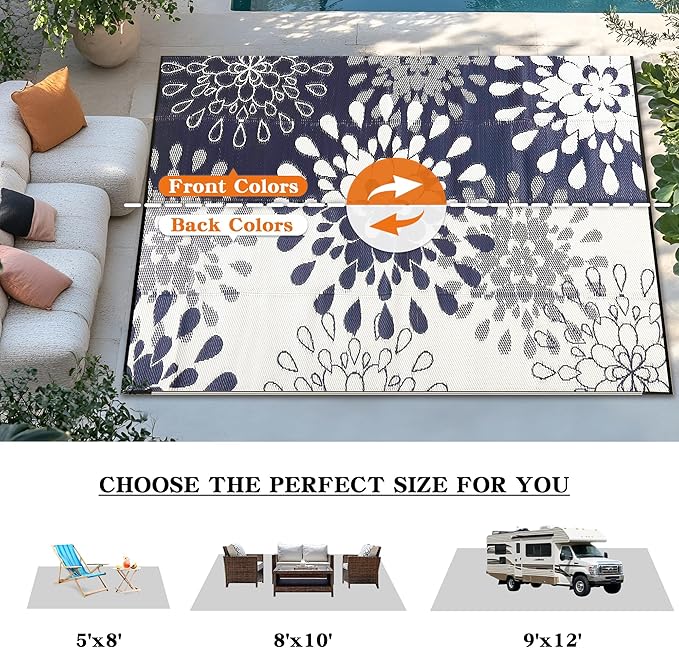 Wallona Outdoor Rugs 9x12 ft Patio Waterproof Clearance Indoor Outdoor Large Carpet for Patio Plastic Straw Reversible Area Rugs Mat for RV, Camping, Balcony, Beach, Picnic, Porch, Flower Blue & White