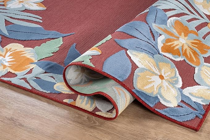 Outdoor Rug 5x7 Washable Area Rugs Indoor Outdoor Carpets Red Border Floral Non Shedding Waterproof Easy Clean Patio Deck Porch Living Room Bedroom Garden RV (5 X 7 Red)