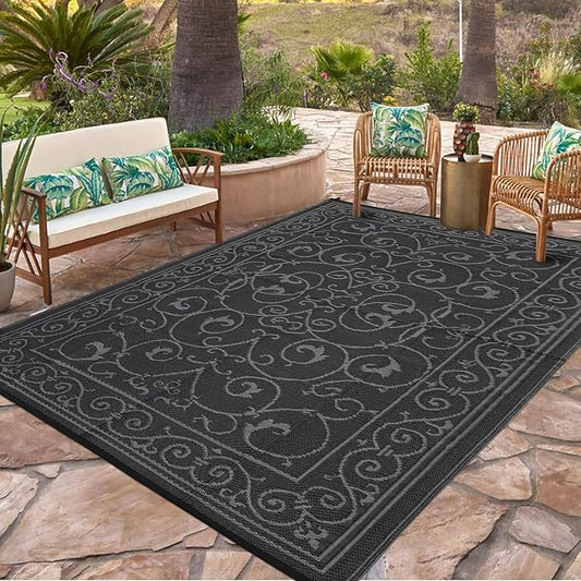 MilleLoomi Waterproof Plastic Straw Outdoor Rug 9x18 Patio Reversible UV Resistant Foldable Camping Carpet Vintage Large Outdoor Rugs for Deck, Picnic, Porch, Camper, Balcony, Beach，Black Grey