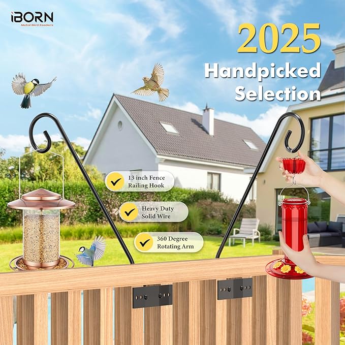 iBorn Fence Deck Hook Rail Hook Heavy Duty Bird Feeder Pole 13 Inch Solid Wire Deck Hanger Suitable for Hanging Flower Baskets Wind Chimes Planters Bird Feeders Lights, 180 Degree Swivel, 2 Pack