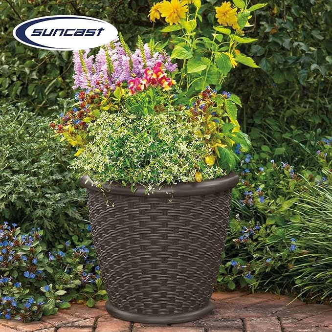Suncast 2 Pack Sonora 22 Inch Plastic Wicker Indoor or Outdoor Decorative Garden Flower Planter for Entryways, Porch, and Backyard Patios, Dark Brown