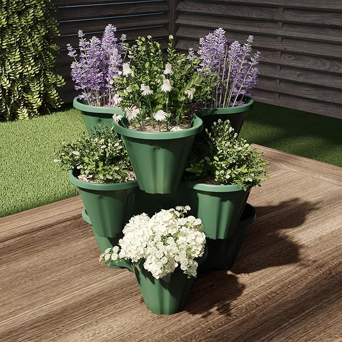 Set of 3 Stacking Planter Tower - 3-Tier Space Saving Flower Pots - Indoor/Outdoor Vertical Herb and Vegetable Planter by Pure Garden (Hunter Green)