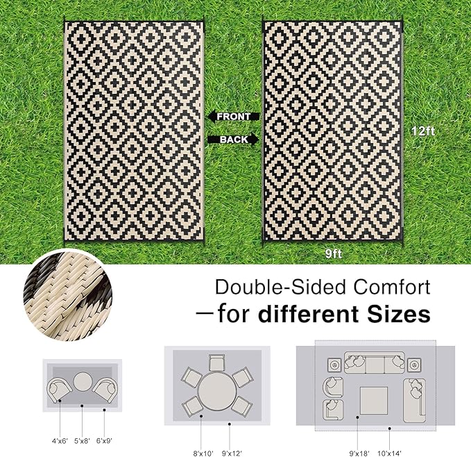 OLANLY Waterproof Outdoor Rug 9x12 ft, Outdoor Plastic Straw Rug for Camping, RV Mat Outside, Outdoor Carpet for Porch, Deck, Backyard, Balcony, Picnic, Black & Beige