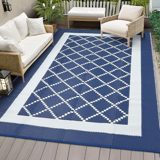 COZYLOOM Outdoor Patio Rug 8x10 Waterproof Reversible Plastic Straw Mat, Large Modern Boho Area Rug Indoor Outdoor Rugs for Deck, Balcony, Pool, Camping, Beach, Picnic, Porch, RV, Navy&White