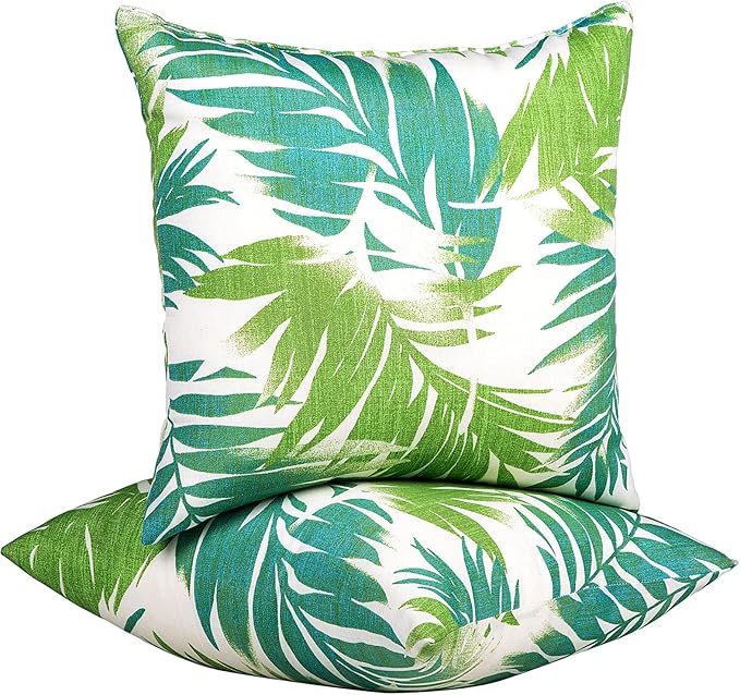 JMGBird Outdoor Pillows Set of 2 with Inserts - 18x18 Waterproof Throw Pillows for Patio Furniture, White Blue Palm Leaf Decorative Cushions