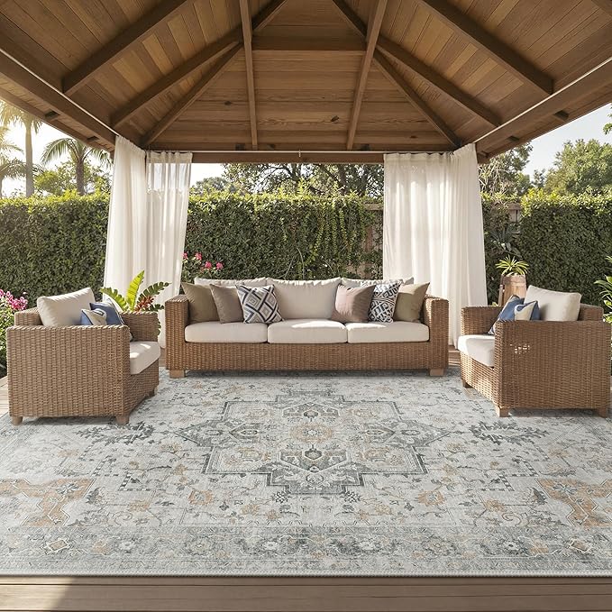 GENIMO Outdoor & Indoor Area Rug 10'x14', Waterproof, Non-Shedding, Easy Cleaning, Boho Mat for Patio, Living Room, Balcony, Dining Room, RV, Deck, Bedroom, Camping, Outside Carpet,Light Grey Brown