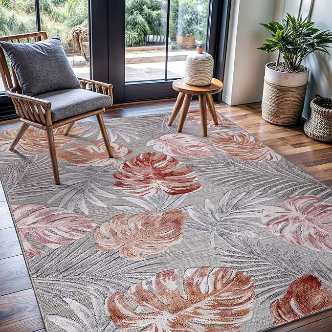 CAMILSON Indoor Outdoor Rug, Multi 4x6 Leaf Tropical Botanical Area Rugs for Indoor and Outdoor patios, Easy-Cleaning Non-Shedding Living Room, Garden and Kitchen Washable Outside Carpet (4 x 6)