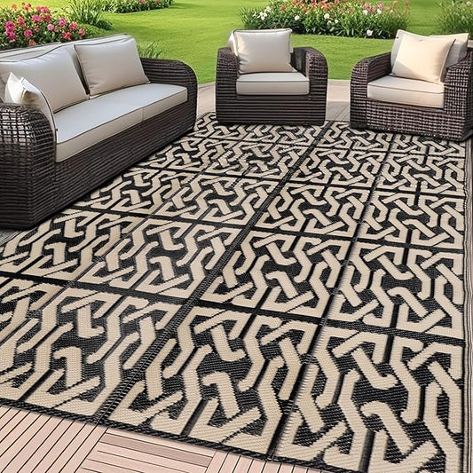 SAND MINE Reversible Mats, Plastic Straw Rug, Modern Area Rug, Large Floor Mat and Rug for Outdoors, RV, Patio, Backyard, Deck, Picnic, Beach, Camping, Trailer, Black & Beige, 5' x 8'