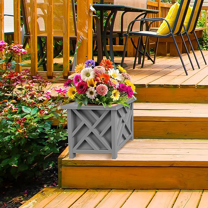 Lattice Design Outdoor Planter Box - 15.5” Square 16.5” Tall Gray Plant Pot - Decorative Plant Pots for Front Porch Decor - Flower Pots Outdoor Planters for Porch Patio or Garden Decor by Pure Garden