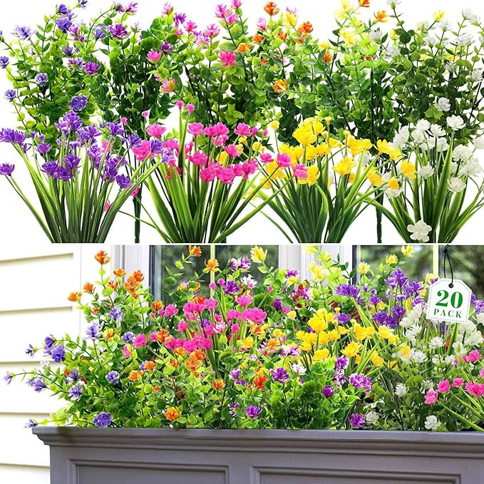 20 Bundles Spring Fake Artificial Faux Plants Flowers Outdoor, Artificial Plants UV Resistant for Garden Home Wedding Farmhouse Decor