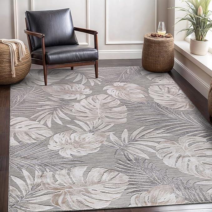 CAMILSON Indoor Outdoor Rug, Beige 6’x9’ Leaf Tropical Botanical Area Rugs for Indoor and Outdoor patios, Easy-Cleaning Non-Shedding Living Room, Garden and Kitchen Washable Outside Carpet (6x9)