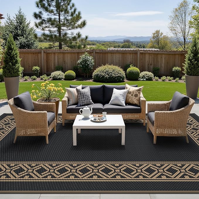 GENIMO Outdoor Rug Waterproof for Patio Decor, 6'x9' Foldable Reversible Plastic Straw Carpet, Outside Area Mat for Rv, Deck, Picnic, Porch, Camper, Balcony, Beach, Black Brown