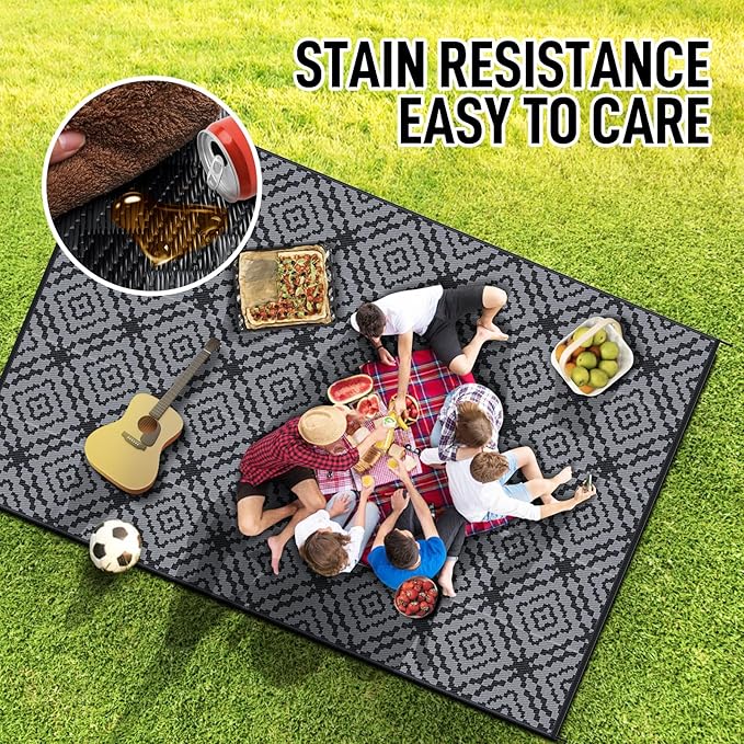 GOTGELIF Outdoor Camping Rug Waterproof 9x12FT, Large Reversible Stain&UV Resistant Plastic Straw RV Rug for Outside Patio Pool Deck Beach Indoor, Area Carpet Mat with Portable Bag&4 Stakes-Black Grey