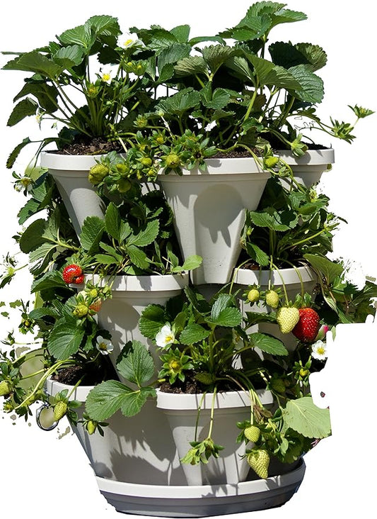 Mr. Stacky 3 Tier Stackable Herb Garden Planter Set with Bottom Saucer - Stone Color - Vertical Container Pots for Herbs, Strawberries, Flowers