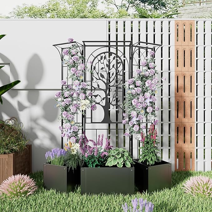 Metal Planter Box with Greenhouse Cover, Raised Garden Bed with Trellis Privacy Screen, 62 inch Tall Planter Boxes for Climbing Plants, Flowers, Vegetables, Fruits, Balcony and Patio Decor (Black)
