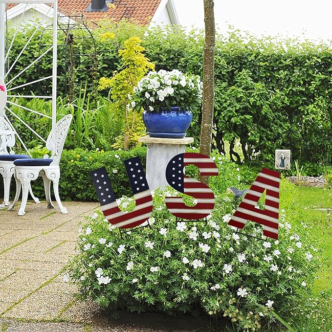 Veclotch 4th of July Metal US Flag USA Letter Yard Sign Outdoor Lawn Decor, Patriotic American Garden Signs Decorative Stake Independence Day Memorial Party Supplies
