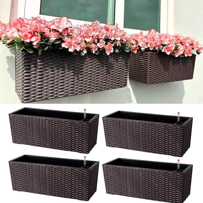 LaLaGreen Wall Planters Outdoor (20 Inch, 4 Pack) Brown Rectangular Window Flower Boxes with Brackets Self Watering System, Vertical Wall Mounted Plant Pot Container Herb Garden Balcony Indoor Decor