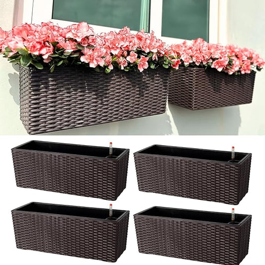 LaLaGreen Wall Planters Outdoor (20 Inch, 4 Pack) Brown Rectangular Window Flower Boxes with Brackets Self Watering System, Vertical Wall Mounted Plant Pot Container Herb Garden Balcony Indoor Decor