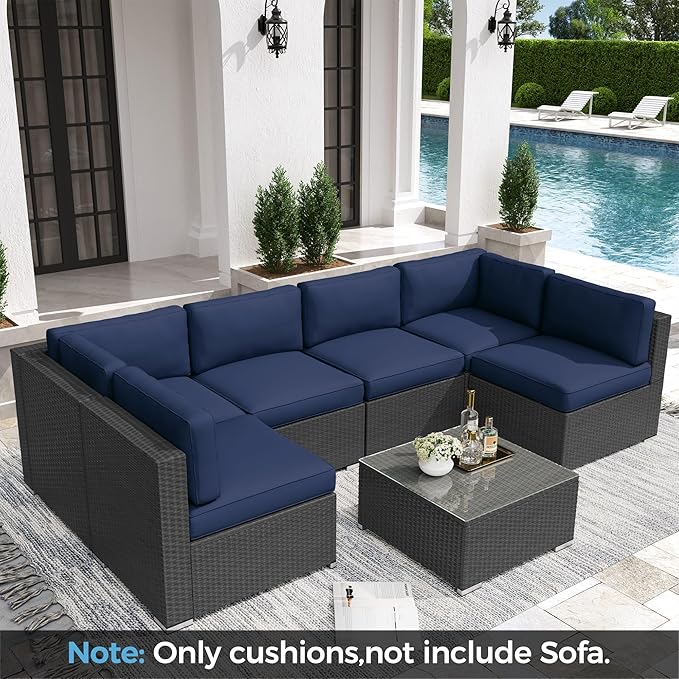 Crownland 14-Piece Outdoor Furniture Replacement Cushions, Water-Resistant Sofa Cushions for 6-Seat Rattan Wicker Sectional Patio Conversation Sets(Dark Blue)