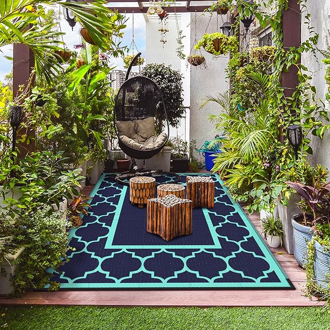 GENIMO 8 ' x 10 ' Outdoor Rug for Patio, Waterproof Indoor Outdoor Plastic Straw Rugs Carpet, Reversible Outside Area Mat for Camping, Balcony Porch, Deck, Picnic, Beach Navy Blue & Jade Green
