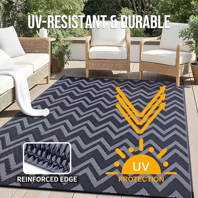 OLANLY Waterproof Outdoor Rug 9x12 ft Clearance, Reversible Outdoor Plastic Straw Rug, RV Mat, Indoor Outdoor Carpet for Patio, Camping, Balcony, Deck, Backyard, Black & Grey