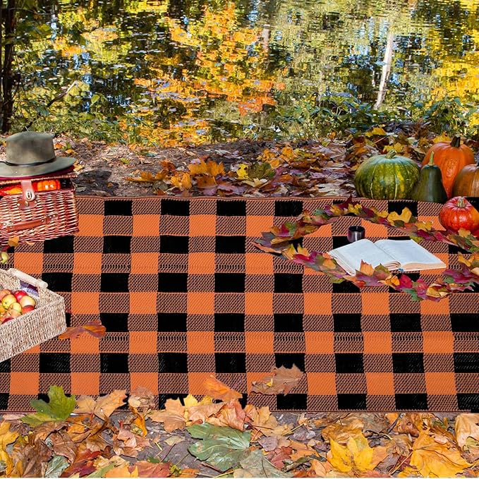 Tinideya 4' x 6' Thanksgiving Plastic Straw Outdoor Rug Waterproof Plaid Buffalo Front Doormat Porch Mat Patio Deck Mat for Outside Indoor Garden Lawn Balcony Holiday Decorations(Orange and Black)