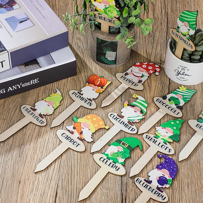 Qunclay 30 Pcs Gnome Plant Markers Funny Wood Garden Labels T Type Plant Labels Markers for Vegetables Flowers Outdoor Stakes Supplies for Gardening Gifts